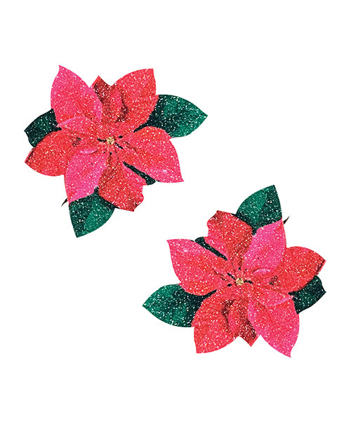 Neva Nude Poinsettia Glitter Flower Pasties - Red/Green O/S - Empower Pleasure