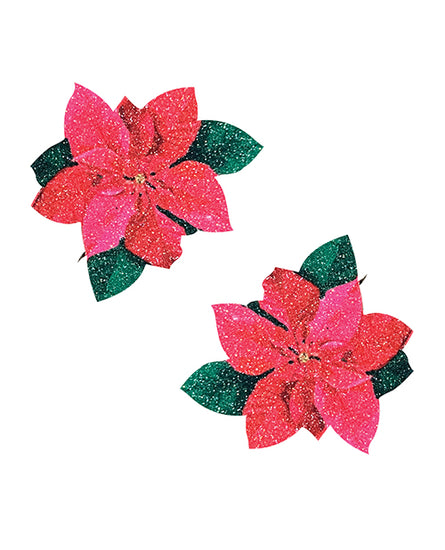 Neva Nude Poinsettia Glitter Flower Pasties - Red/Green O/S - Empower Pleasure