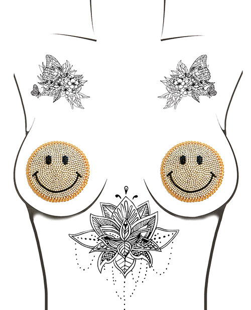 Burlesque Smile Face Jewel Reusable Silicone Nipztix - Gold O/S - Empower Pleasure