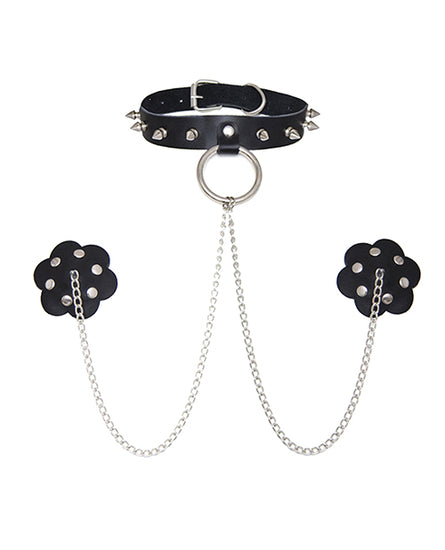 Burlesque Slave 4 U Chain Neck Choker Leather Reusable Silicone Nipztix - Black O/S - Empower Pleasure