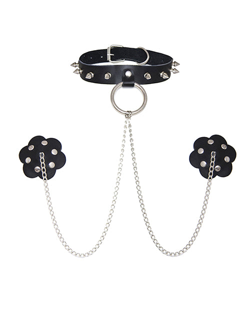 Burlesque Slave 4 U Chain Neck Choker Leather Reusable Silicone Nipztix - Black O/S