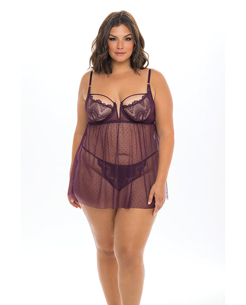 Eve Lace & Pin dot Mesh Babydoll with G-String Italian Plum 1X
