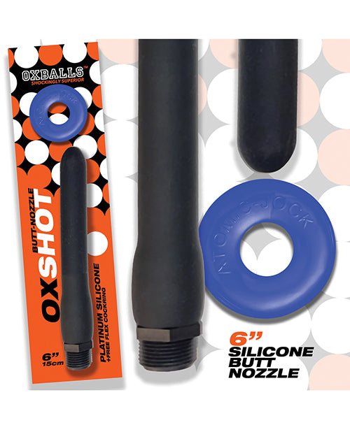 Oxballs Oxshot 6" Silicone Butt Nozzle w/Flex Cockring - Black/Blue - Empower Pleasure