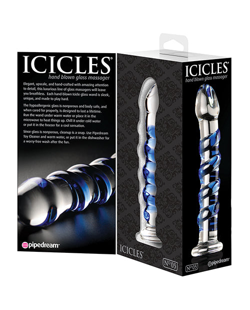 Icicles No. 5 Hand Blown Glass Massager - Clear with Blue Swirls - Empower Pleasure