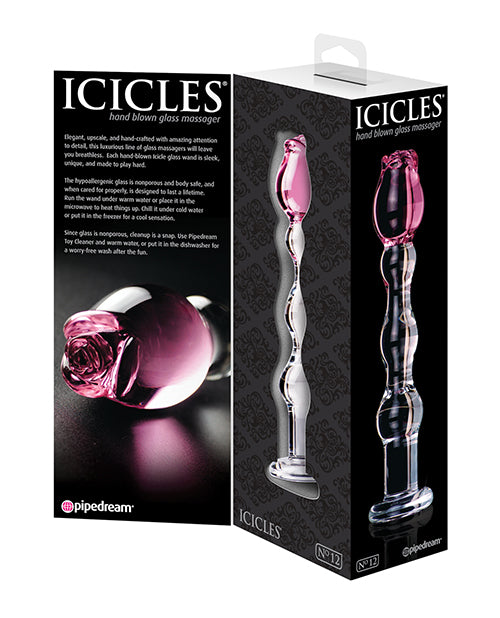 Icicles No. 12 Hand Blown Glass Massager - Clear with Rose Tip - Empower Pleasure