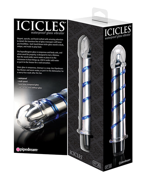 Icicles No. 20 Hand Blown Glass Vibrator Waterproof - Clear with Blue Swirls - Empower Pleasure