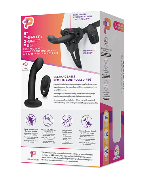 Pegasus 6" Rechargeable P-Spot G-Spot Peg w/Adjustable Harness & Remote Set - Black - Empower Pleasure