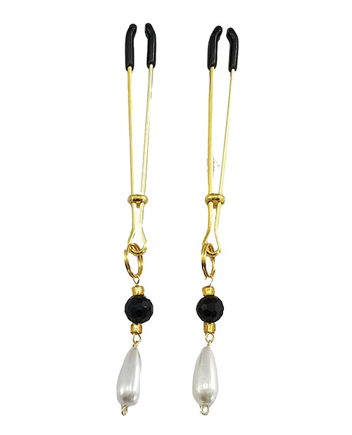 Bijoux de Nip Tweezer Nipple Clamp with Black & Gold Beads w/Pearl - Gold - Empower Pleasure