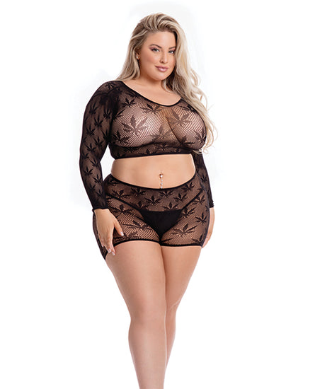 Pink Lipstick Leaf it to Me Long sleeve Crop Top & Short Black QN - Empower Pleasure