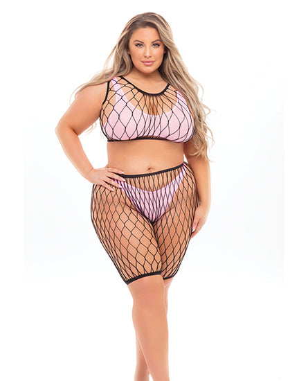 Pink Lipstick Brace for Impact Large Fishnet Top, Shorts, Bra & Thong (Fits up to 3X) Pink QN - Empower Pleasure