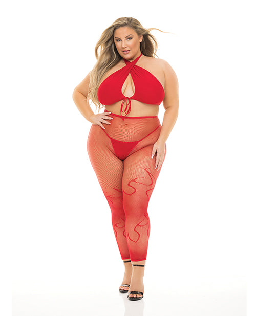 Pink Lipstick Gives You Hell Halter Bra, Pantyhose & G-String Red QN - Empower Pleasure