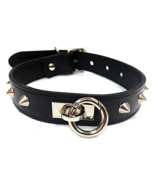 Rouge Leather O Ring Studded Collar - Black - Empower Pleasure