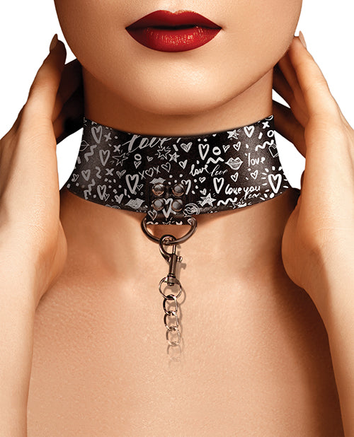 Shots Ouch Love Street Art Fashion Printed Collar w/Leash - Black - Empower Pleasure