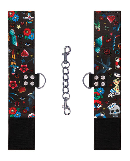 Shots Ouch Old School Tattoo Style Printed Hand Cuffs- Black - Empower Pleasure