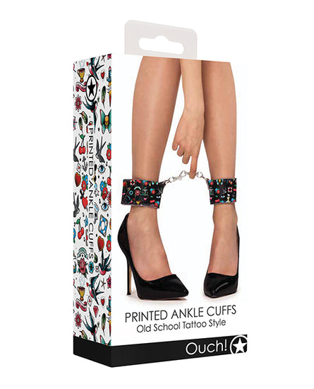 Shots Ouch Old School Tattoo Style Printed Ankle Cuffs- Black - Empower Pleasure