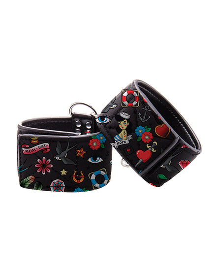 Shots Ouch Old School Tattoo Style Printed Ankle Cuffs- Black - Empower Pleasure