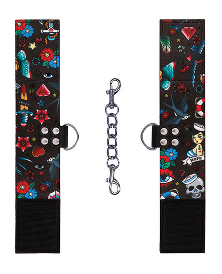 Shots Ouch Old School Tattoo Style Printed Ankle Cuffs- Black - Empower Pleasure