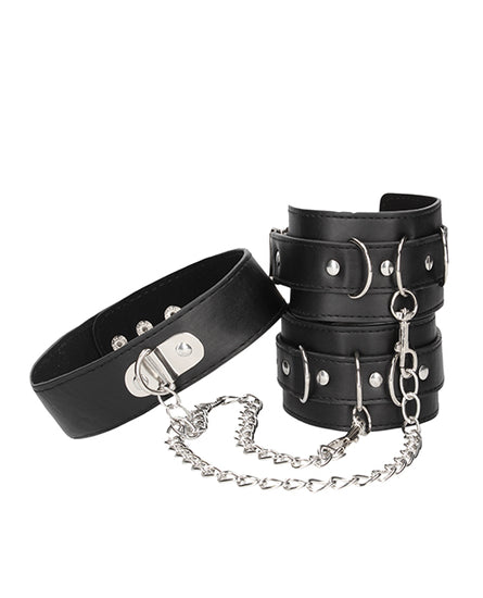 Shots Ouch Black & White Bonded Leather Collar w/Hand Cuffs - Black - Empower Pleasure
