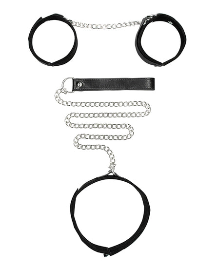 Shots Ouch Black & White Velcro Collar w/Leash & Hand Cuffs - Black - Empower Pleasure