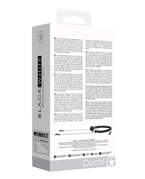 Shots Ouch Black & White Breathable Ball Gag w/Nipple Clamps - Black - Empower Pleasure