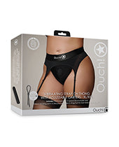 Shots Ouch Vibrating Strap On Thong w/Adjustable Garters - Black XL/XXL - Empower Pleasure