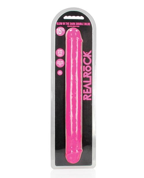 Shots RealRock 15" Double Dong Glow in the Dark - Neon Pink - Empower Pleasure