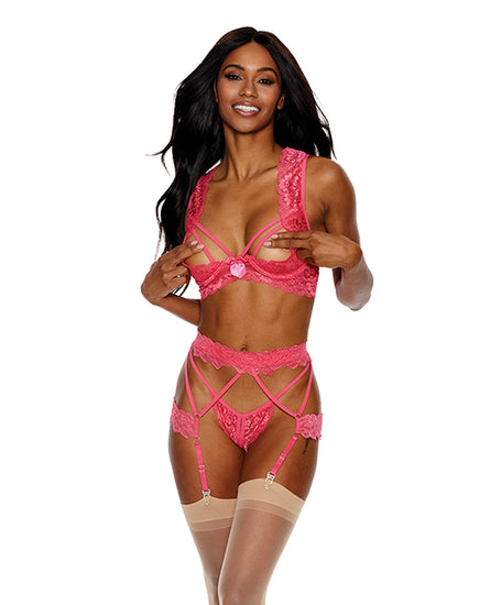 Lace Underwire Peek a Boo Bra, Garterbelt & G-String Coral SM - Empower Pleasure