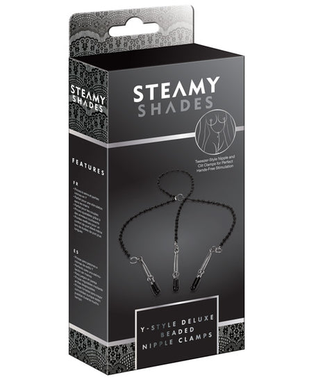 Steamy Shades Y-Style Deluxe Beaded Nipple Clamps - Black/Silver - Empower Pleasure
