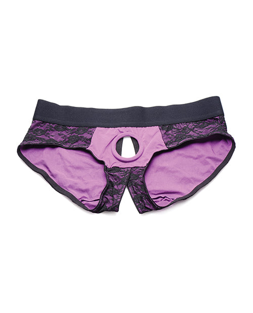 Strap U Lace Envy Crotchless Panty Harness - 2XL Purple - Empower Pleasure