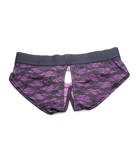 Strap U Lace Envy Crotchless Panty Harness - 2XL Purple - Empower Pleasure