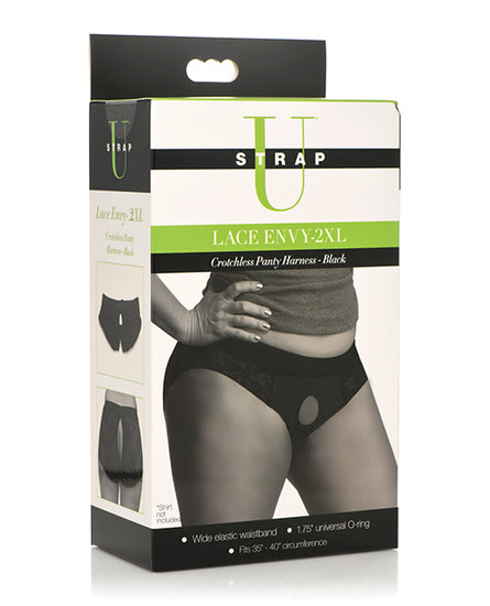 Strap U Lace Envy Crotchless Panty Harness - 2XL Black - Empower Pleasure