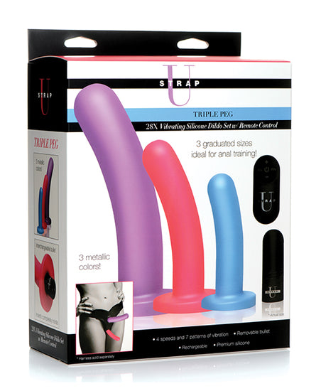 Strap U Triple Peg 28X Vibrating Silicone Dildo Set w/Remote - Asst. Colors - Empower Pleasure