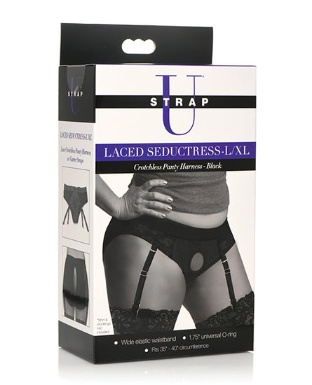 Strap U Laced Seductress Lace Crotchless Panty Harness w/Garter Straps - L/XL Black - Empower Pleasure