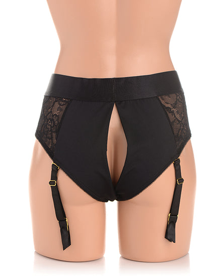 Strap U Laced Seductress Lace Crotchless Panty Harness w/Garter Straps - L/XL Black - Empower Pleasure